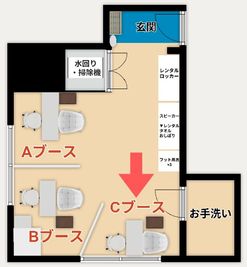 各ブースや主要設備の間取り図。Cブースは入室して直進した席になります。 - ネイル専用シェアサロンMieux 【関内駅徒歩2分】ネイル専用レンタルサロンMieux Cブースの室内の写真