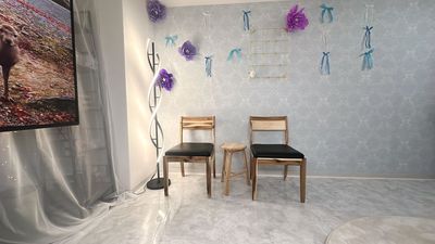 白いカーテンの反対側は薄いブルーの壁紙でSNSの収録や配信に最適 - Studio Luluaの室内の写真
