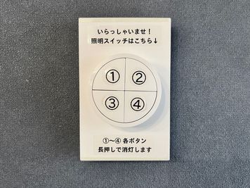 【照明スイッチ】入口すぐの壁に照明スイッチを配置し、操作方法をパネルに明記。初めての無人利用でも迷わず安心して使えます。 - SatOn45 the STUDIO NET 中延・荏原・戸越 SatOn45 the STUDIO　ー中延・荏原・戸越ーの設備の写真