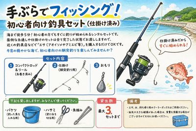 釣り初心者でも使えるお手軽セットレンタル
手ぶらでフィッシングを楽しもう！
投げ釣りは初心者には難しいので、仕掛けを沈めるだけの胴突釣り用のセットです。 - 一棟貸切古民家 Mikatana （ミカタナ） 親子ヨガ・子連れ教室｜牛窓海水浴場徒歩5分・340㎡・秘密基地の設備の写真
