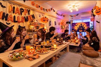 🎃👻 ハロウィンパーティのイメージ写真です✨

お友達と仮装やおしゃべりを楽しみながら、特別なハロウィンの思い出を作りませんか？🎃
 - MYROOM 伏見 MYROOM 伏見｜ハロウィン🎃女子会💖誕生日会🎂料理🍳の室内の写真