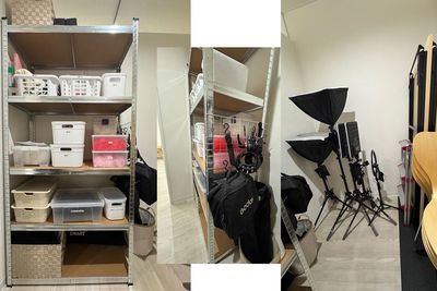 室内備品倉庫
・撮影小物棚
・撮影機材
・折りたたみテーブル
・スタッキングチェア - Studio Bloomia 緑橋駅徒歩1分【撮影スタジオ・ギャラリー ・ワークショップ】の設備の写真