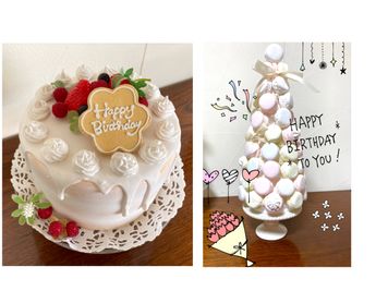 クレイケーキとマカロンタワー手作りしました！撮影に使ってくださいね♪壊れやすいので丁寧に扱ってくださいね！2段ケーキスタンドもあります！ - party coco 【NUMA部屋】本人不在の誕生日会の設備の写真