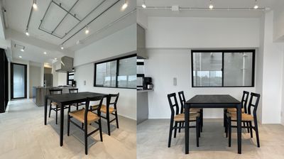 【Room1】6.7m x 3.4m　＜こだわりのテーブル＞
●テーブルサイズ：W1600×D800×H730mm
●テーブルの素材：オーク材ウレタン樹脂塗装仕上げ
●テーブルの特徴：無垢材で構成されたダイニングテーブルは、曲線とシャープなエッジを併せ持ったモダンデザインで、様々なスタイルのインテリアにフィットします。無垢材ならではの温かみと質感、そして美しい経年変化が楽しめます。
●テーブルにはチェアも4脚ご用意。 - Well Studio 千駄ヶ谷 キッチン・バルコニー付きスタジオの設備の写真