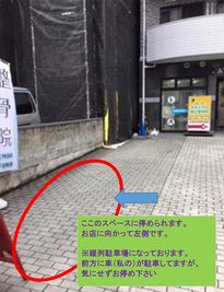 駐車場1台OK。
縦列駐車場ですので、赤丸の所にお停め下さい。　 - 仙台メディカル整骨院 一階の日当たりの良いレンタルサロン（駐車場一台完備）の設備の写真