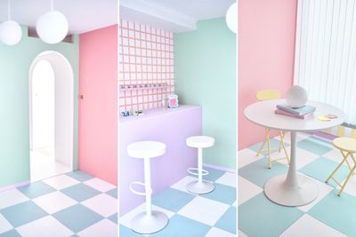 80-90年代のアメリカのアイスクリーム屋をイメージ。壁は4面違う配色にしているため、同じ空間でありながら色んなパターンを楽しめる。小物は自由に組み合わせOK
 - YUKOPARIS studios 堺筋本町　フォトスタジオ / レンタルスペースの室内の写真