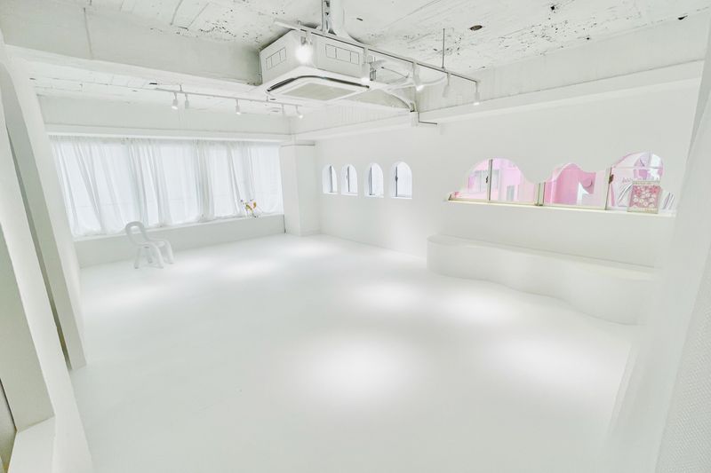 壁も床も真っ白で統一されたお部屋。十分なスペースがあるので動きを伴う撮影も可。海外テイストの白い外壁で
サイズ：6×8=48㎡ - YUKOPARIS studios 堺筋本町　フォトスタジオ / レンタルスペースの室内の写真