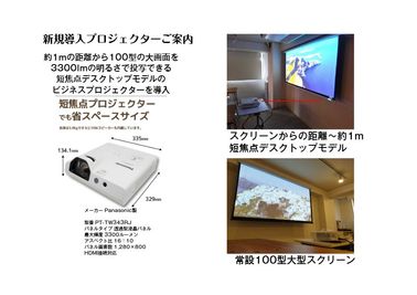 新規導入プロジェクターご案内。スクリーンから約1mで100インチ大画面が投影可能～短焦点型プロジェクターはテーブル配置レイアウトの邪魔にならずご利用可能です。 - 秋葉原レンタルスペース事務局（3店舗運営） 秋葉原レンタルスペース203 　多用途レンタルスペース＆貸会議室の室内の写真