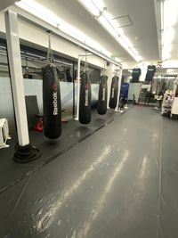 鉄骨組の5基のサンドバック - レンジャージム船橋店 格闘技ジム。リング、サンドバックがあります。の室内の写真