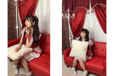奥のソファのカバーを外すと赤いソファになります！

衣装も合わせて撮影するとさらに可愛い撮影ができます🌹 - 大阪プチフェアリー撮影スタジオ 天満徒歩4分＝Fairly パーティスペース❤️の室内の写真