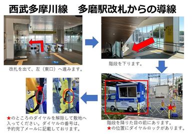 多磨駅からの行き方です。
敷地へ入るダイヤルロックの位置も記載。
※ダイヤルの番号は、予約完了メールに記載 - 【オフィスカー】西武多摩川線　多磨駅東口・空地 オフィスカー【西武多摩川線　多磨駅東口・空地】の入口の写真