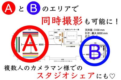 ■【A】と【B】で同時撮影も可能！■複数人でのスタジオシェアや撮影会、コスプレ撮影会などでも大変ご好評を頂いております＊ - Photo Studio【belukha（ベルカ）】代々木・新宿 レンタルフォトスタジオ・白ホリゾント撮影スタジオの室内の写真