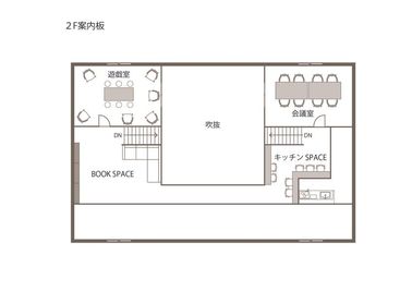 2階の間取り図　会議室は入口入って右の２階のスペースになります。図書スペースはご自由にご利用ください。 - WorkWork　 会議室（202号室）の室内の写真