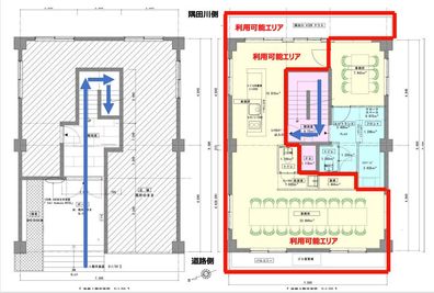 赤枠内の多目的部屋、キッチン、テラスが利用可能です。約50㎡です。メインスペースの机を１つ、現在はソファーに変更しています。 - feel Asakusa STAY レンタルスペースの室内の写真