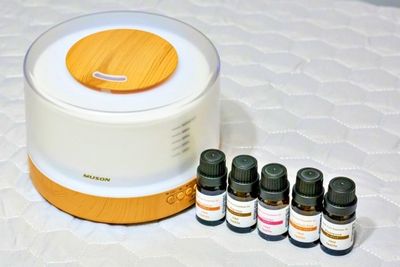 ディフューザー、アロマオイル（オイルは有料）
※ローズウッド、ティーツリー、ベルガモット、グレープフルーツ、ラベンダー - 北堀江レンタルサロンMe 電動ベッド有・施術用備品が充実の完全個室レンタルサロンの設備の写真