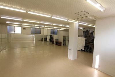 西面の北寄りに１．５畳の更衣室件流しが有ります。中のカーテンを引くと着替えができます。電子ピアノのご利用時は事前に告知下さい - 三島カルチャー貸会議室・貸会議室 【D室】半地下ダンス 武道。広さ幅10㍍✖10㍍。２面鏡の室内の写真