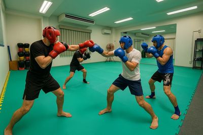 マット部分は５ｍ×６ｍ。厚み35ミリです。（人物はAIによる生成画像） - 浅草橋　まんてんジム ゴールドスペース認定！多目的スペース「まんてんジム」の室内の写真