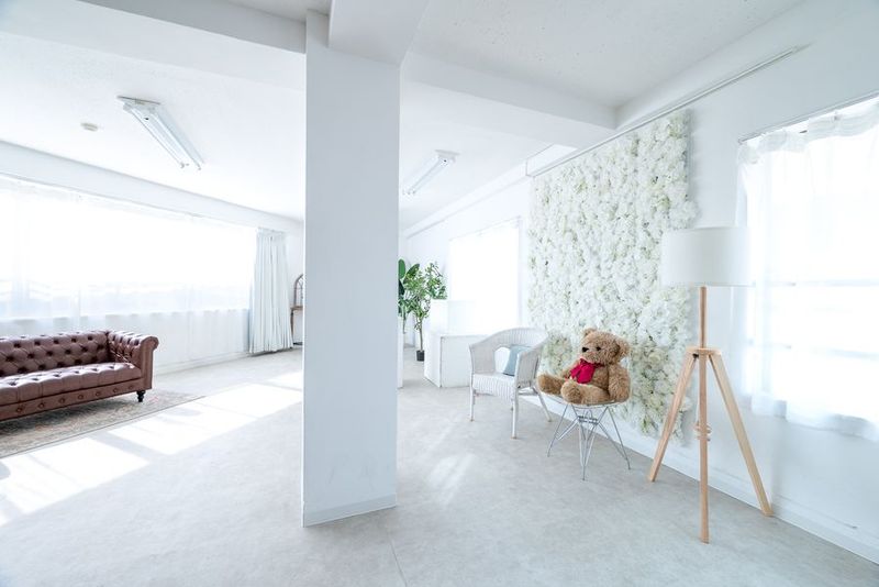 壁一面の大きい窓から柔らかい自然光が降り注ぐ真っ白なスタジオ - 都内の白ホリ自然光 撮影スタジオ