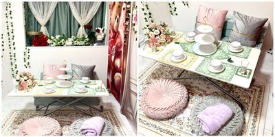 無料食器、ラグマット、クッション、机。画像は有料オプションソファ、食器などを利用した場合です。 - aster 名駅徒歩4分24時間🆗プライベート空間女子会・撮影 名古屋駅 🅿️隣接 🛀有 可愛い×落ち着くプライベート空間の室内の写真