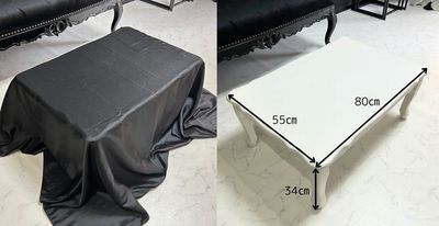 ローテーブルに黒いテーブルクロスをかけた状態と、取り外した状態 - 姫スタジオ（大名ゴシック店） 姫スタジオ（博多ゴシック店）の室内の写真