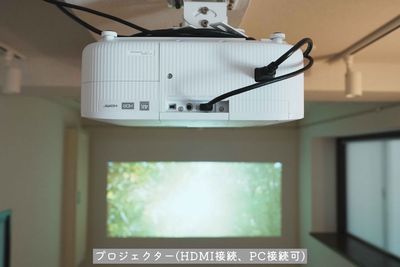 プロジェクター（白壁に投影）
HDMIやUSB-C接続でPCやスマホからの映像出力も可能です。（HDMI端子は壁埋め込み式でカウンターテーブル側から接続可能） - Ambient  Spaceの設備の写真